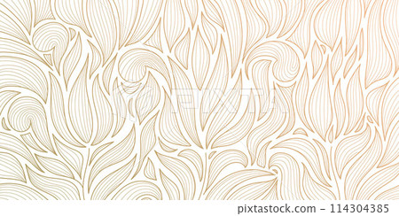Vector art deco line gold pattern, luxury leaf floral texture, nouveau background. Modern design, jungle ornament, vintage decor element. Fancy nature illustration on white. 114304385