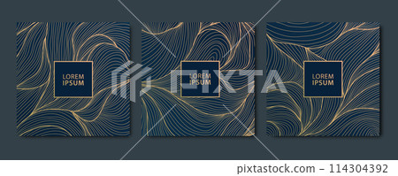 Vector set japanese style wave patterns, sea, organic line textures, line graphic illustrations, Square cards, flow backgrounds, golden on dark Vector set japanese style wave patterns, sea, organic line textures, line graphic illustrations, Square cards, flow backgrounds, golden on dark 114304392