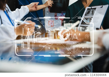 Doctor team, analysis the blood test examination results and medication usage of the patient on the chart, medical check-up concept. Doctor team, analysis the blood test examination results and medication usage of the patient on the chart, medical check-up concept. 114304444