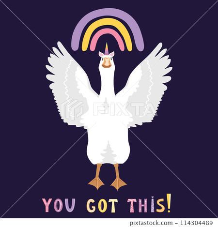 White goose spreads its wings, rainbow, and You got this lettering lettering in Scandinavian style. Funny inspirational card. Vector isolated illustration White goose spreads its wings, rainbow, and You got this lettering lettering in Scandinavian style. Funny inspirational card. Vector isolated illustration 114304489
