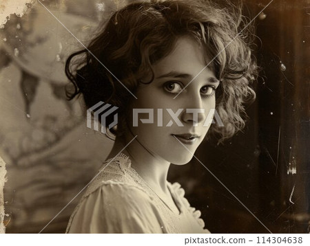 Photorealistic Teen White Woman with Brown Curly Hair vintage Illustration. 114304638