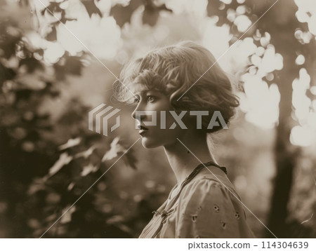 Photorealistic Adult White Woman with Blond Straight Hair vintage Illustration. 114304639