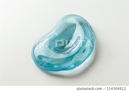 Gel. Blue gel texture with bubbles swoosh swatch sample cosmetics. Cosmetic product close up. Facial jelly serum, cleanser, shower gel or shampoo. Transparent drop isolate on white background. Liquid 114304812