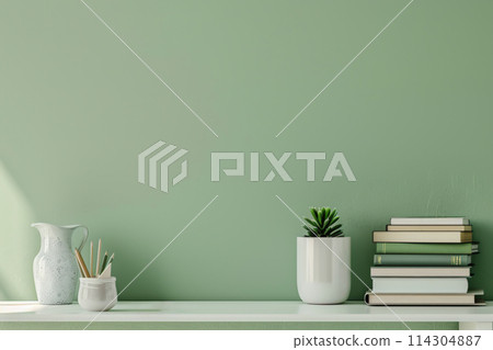 Sage green wall and home office desk with supplies, pencils, house figure, boxes, plant pots. Creative stylish minimal workspace. Contemporary white wood work tabletop for products display montage 114304887
