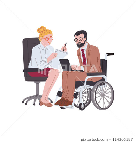 Woman with disabled man works at a laptop sitting in wheelchair, vector handicapped businessman workplace communication Woman with disabled man works at a laptop sitting in wheelchair, vector handicapped businessman workplace communication 114305197