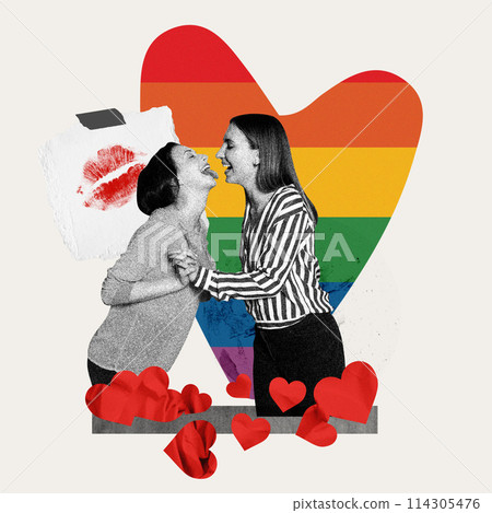 Unity in diversity. Happy young couple, two girls showing love to each other against rainbow abstract background. Contemporary art collage. 114305476