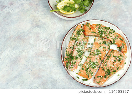 Fresh marinated salmon fish. 114305537