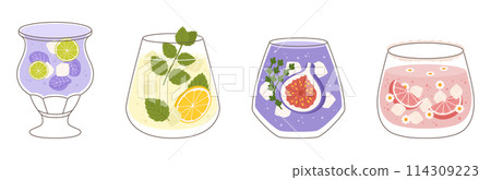 Collection with different taste lemonade and various of glasses shapes. Lemon and mint, fig fruit, strawberry and grapefruit, lime and petals. Vector illustration in outline and flat color style. 114309223