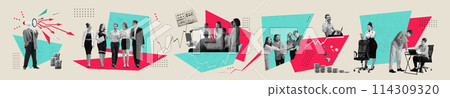 Dynamic business interactions. - Group of employees in business world, including meetings, presentations, casual discussions, common work on projects. Contemporary art collage. 114309320