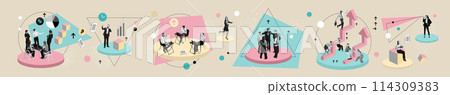 Employees, professionals engage in strategic planning sessions. working on project, analysis and strategies, doing own tasks. Contemporary art collage. Employees, professionals engage in strategic planning sessions. working on project, analysis and strategies, doing own tasks. Contemporary art collage. 114309383