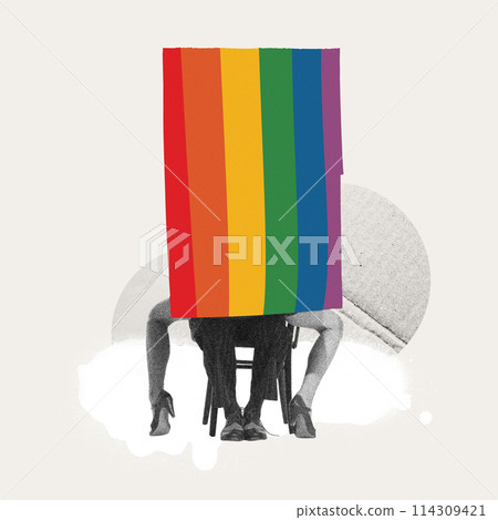 Privacy in pride. Private moment between two people, hidden behind vertical rainbow stripe. Contemporary art collage. Privacy in pride. Private moment between two people, hidden behind vertical rainbow stripe. Contemporary art collage. 114309421