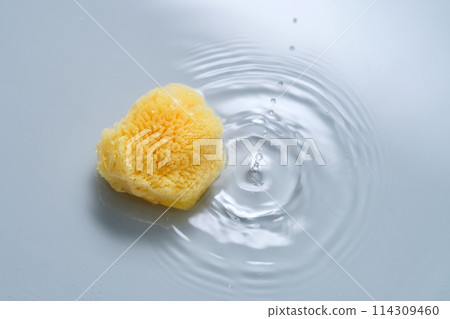 Natural sponge on a blue background with water. 114309460