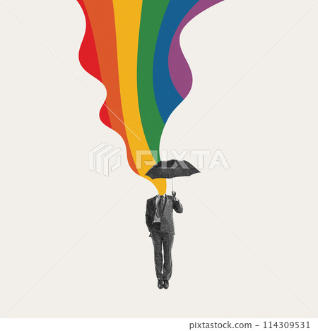 Monochrome image of man in a suit walking under umbrella with colorful rainbow element on background. Support. Contemporary art collage. Monochrome image of man in a suit walking under umbrella with colorful rainbow element on background. Support. Contemporary art collage. 114309531