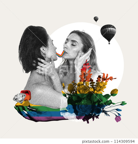 Monochrome image of loving young women kissing, eating jelly candy against abstract colorful background. Contemporary art collage. 114309594