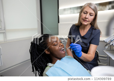 Long-haired mature dentist working on tooth restoration of a female patient Long-haired mature dentist working on tooth restoration of a female patient 114309789