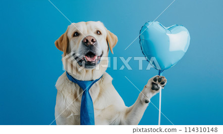拉布拉多獵犬和淺藍色氣球的可愛背景照片 114310148