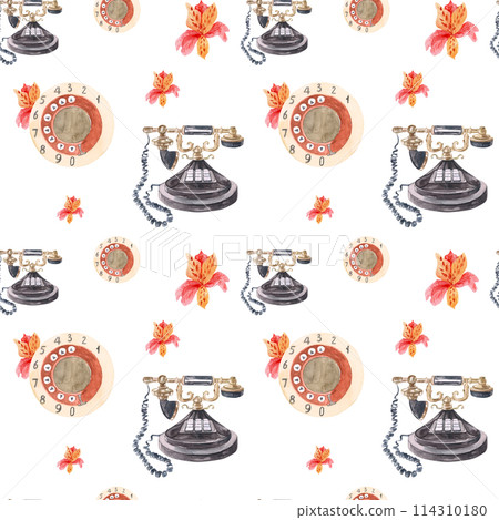 Watercolor drawing with vintage telephones and vintage watercolor alstroemeria flowers. Retro pattern drawn by hand 114310180