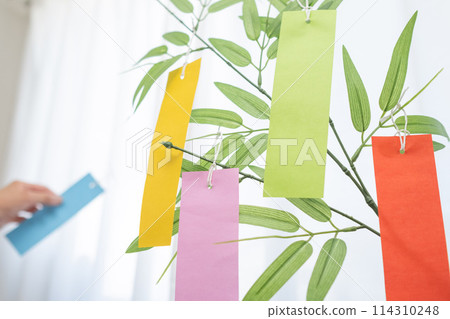 A man holding a Tanabata paper strip A man holding a Tanabata paper strip 114310248