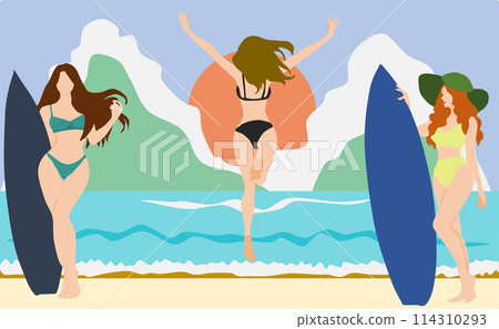 一個女人在水邊(大海/海灘)跳躍的插圖 一個女人在水邊(大海/海灘)跳躍的插圖 114310293