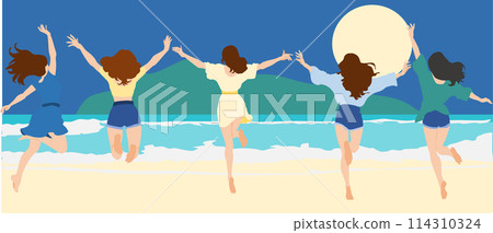 Illustration of a woman jumping on the beach 114310324