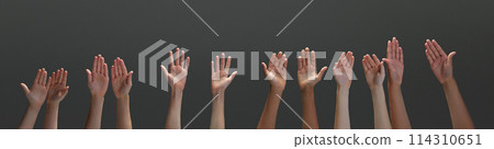 Image of teenager's, children's hands shows palms against grey background. Hands raising up. 114310651