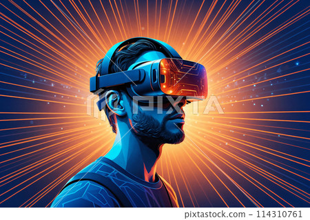 Side silhouette of man wearing VR device metaverse concept 114310761