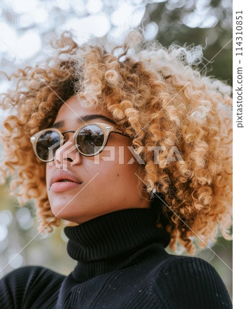Teen Black Woman with Blond Curly Hair vintage Illustration. 114310851