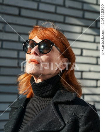 Old White Woman with Red Straight Hair vintage Illustration. 114310890