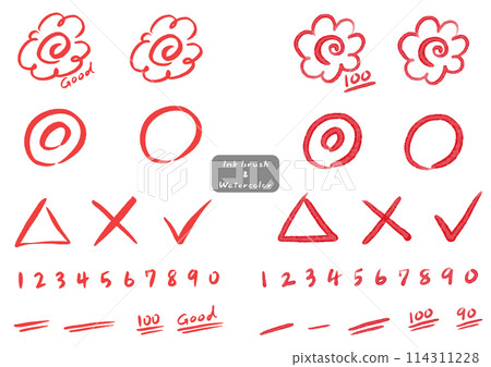 Brush writing, watercolor hanamaru (flower circle) mark, simple hand-drawn icon set Brush writing, watercolor hanamaru (flower circle) mark, simple hand-drawn icon set 114311228