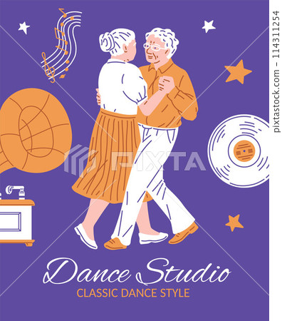 Studio classic dance style vector poster, active senior couple dancing, happy elderly pair perform waltz or tango dance Studio classic dance style vector poster, active senior couple dancing, happy elderly pair perform waltz or tango dance 114311254