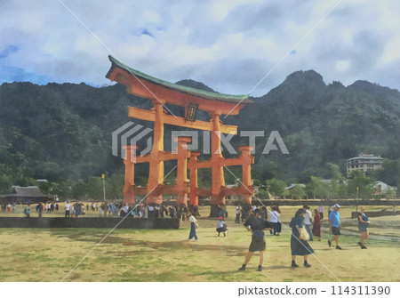 嚴島神社大鳥居周圍聚集遊客。當潮位低於100公分時,可以步行到大鳥居(部分由AI生成) 嚴島神社大鳥居周圍聚集遊客。當潮位低於100公分時,可以步行到大鳥居(部分由AI生成) 114311390