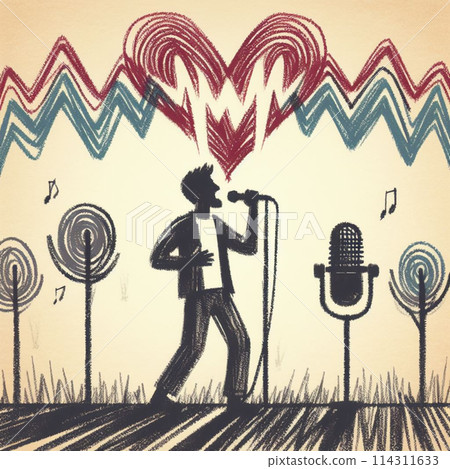 Handdrawn illustration of a singer with sound waves and heart symbolizing love for music 114311633