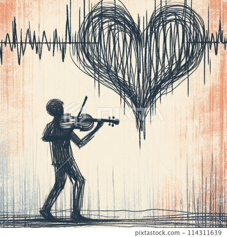 Illustration of a violinist with a heartshaped musical waveform in the background 114311639