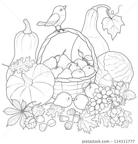 Autumn Harvest vegetables and fruits with bird. black and white 114311777