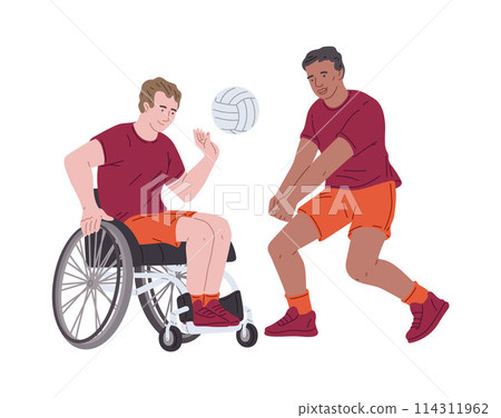 Athlete playing volleyball sitting in wheelchair, vector handicap disabled man during game training with ball sport game Athlete playing volleyball sitting in wheelchair, vector handicap disabled man during game training with ball sport game 114311962