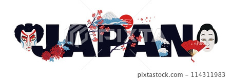 Decorative vector editable text design about Japan with Kabuki Theater on a white background 114311983