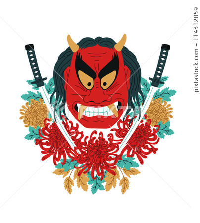 Japanese Kabuki theater mask and katana sword decorated flowers, Asian mythology devil symbol, authentic vector art Japanese Kabuki theater mask and katana sword decorated flowers, Asian mythology devil symbol, authentic vector art 114312059