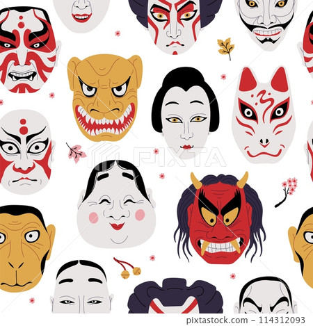 Seamless pattern with Japanese Kabuki theater masks, Asian mythology symbols East legend, authentic face makeup vector Seamless pattern with Japanese Kabuki theater masks, Asian mythology symbols East legend, authentic face makeup vector 114312093