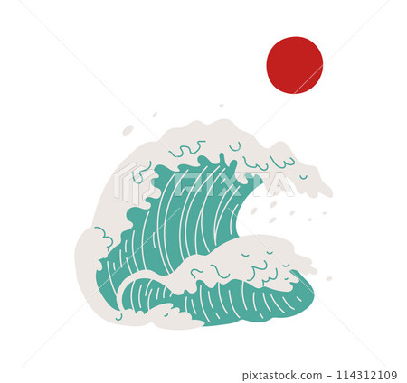 Japanese Kabuki style green wave and red sun vector illustration 114312109