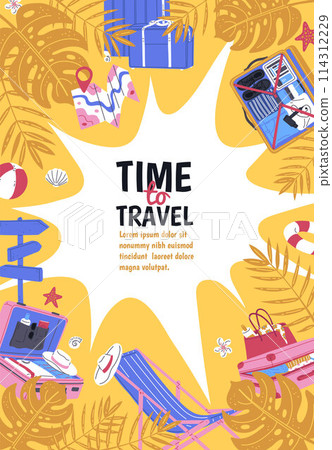 Time to travel vector flat poster, travel bag, luggage, map and beach accessories on the background of tropical leaves Time to travel vector flat poster, travel bag, luggage, map and beach accessories on the background of tropical leaves 114312229
