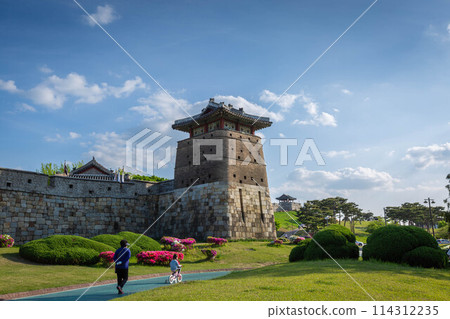 Old city wall at Hwaseong Fortress in summer, Traditional Architecture of Korea at Suwon, South Korea. 114312235