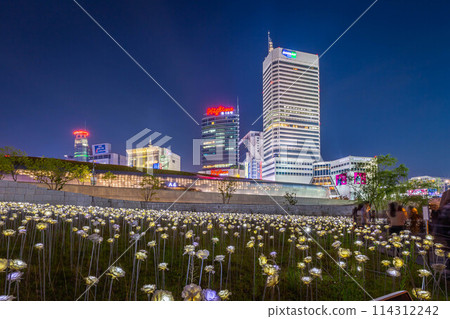 Cityscape of Seoul at night and skyscrapers in Dongdaemun area, Seoul, South Korea. 114312242