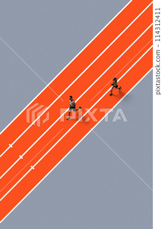 Aerial view on stadium with two athletes, man and woman running, developing speed and endurance. Creative collage. 114312411