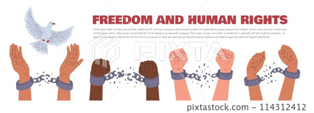 Vector horizontal poster with a dove of peace and hands clenched into fists breaking the restraining handcuffs Vector horizontal poster with a dove of peace and hands clenched into fists breaking the restraining handcuffs 114312412