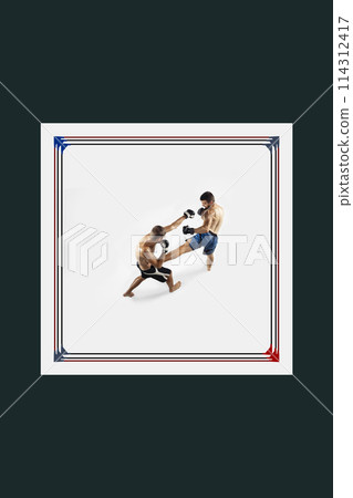 Aerial view on ring with two competitive men, boxers in motion, fighting. Combat sport, martial arts. Creative collage. Aerial view on ring with two competitive men, boxers in motion, fighting. Combat sport, martial arts. Creative collage. 114312417
