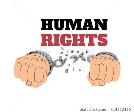 Shackled hands with broken chain, human rights poster. Poster with text. 114312420