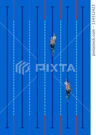 Aerial view on swimming pool with two muscular athletes, swimmers in motion, training. Creative collage. 114312423