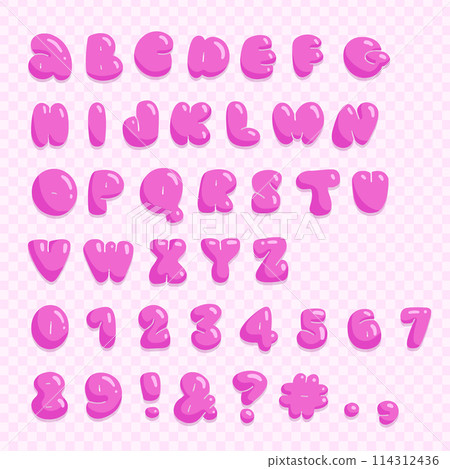 Glossy 3D imitation bubble font in Y2K style - pink English alphabet letters and numbers, childish vector illustration 114312436