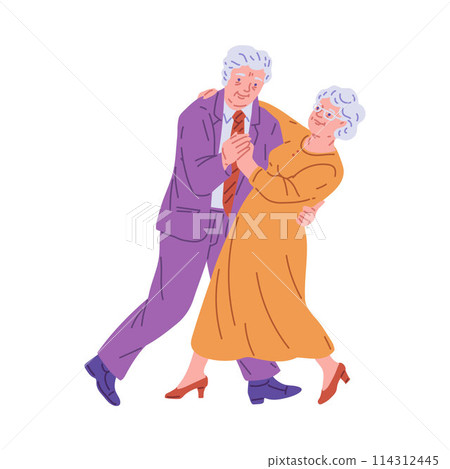 Active senior couple dancing, vector happy elderly man and woman holding hands waltz tango dance perform, classic disco Active senior couple dancing, vector happy elderly man and woman holding hands waltz tango dance perform, classic disco 114312445