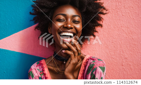 Beaming African Young Woman in Colorful Traditional Wear 114312674